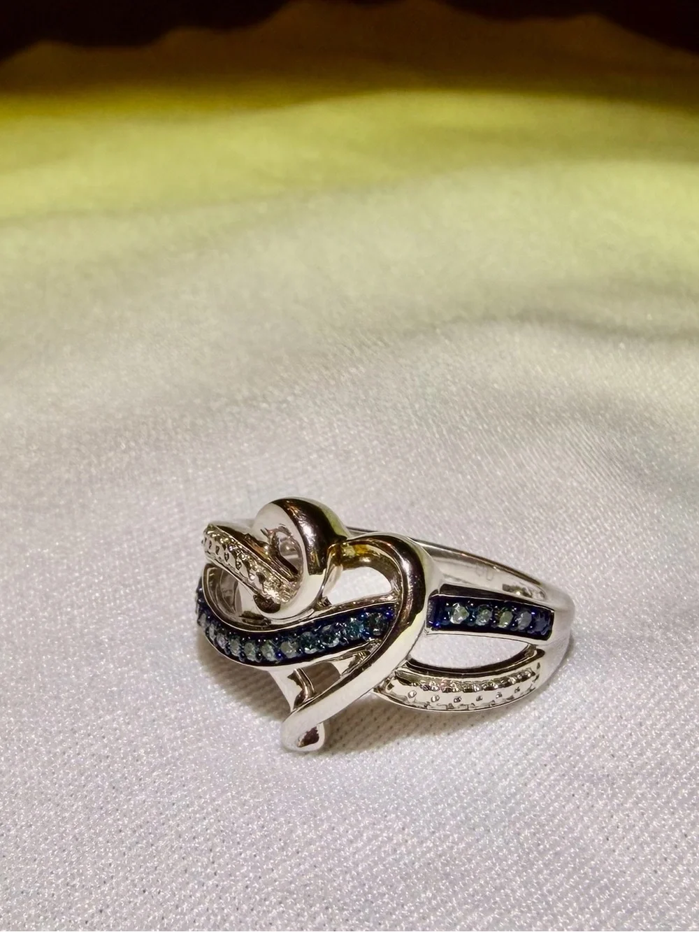 14K White Gold/925 Sterling Silver Heart Ring Blue and White Natural Diamonds